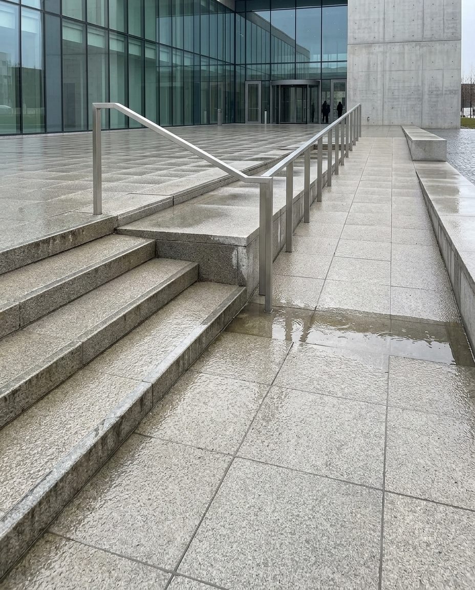 Wet external stairs and ramp in antislip stone in front of a glass building