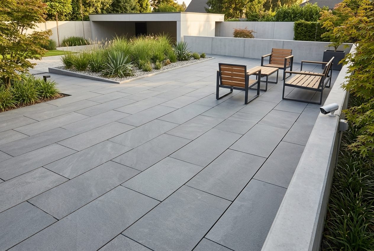 Garden terrace paved with large antislip basalt slabs