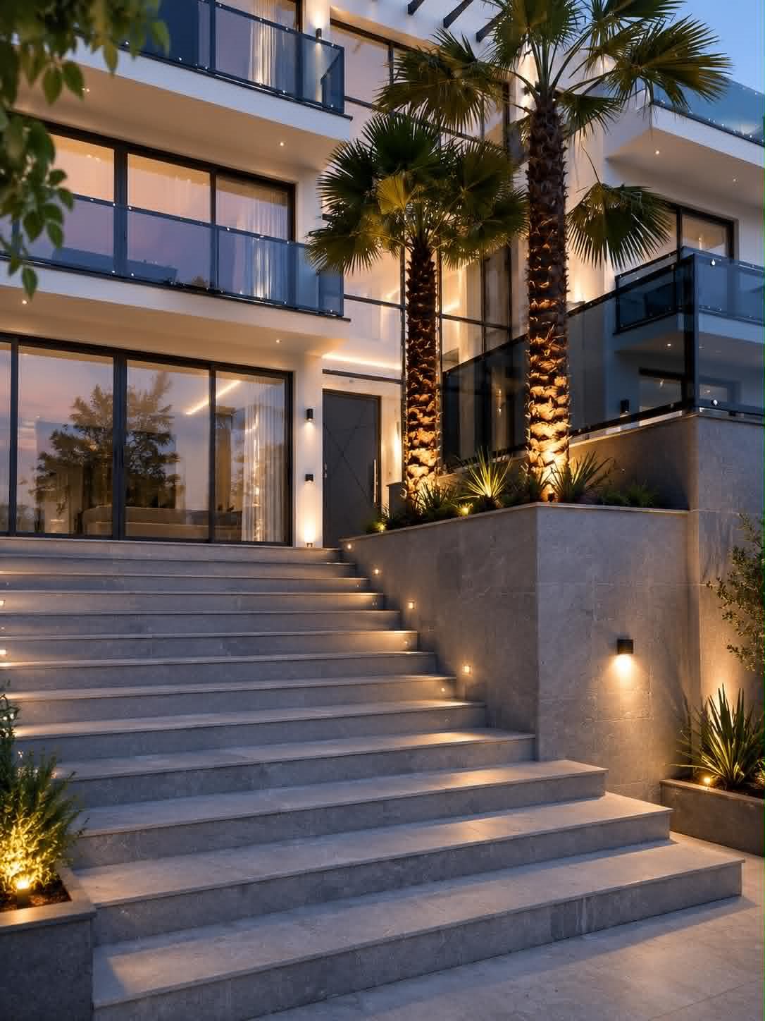 Wide, lit granite entrance stairs at a modern house at dusk