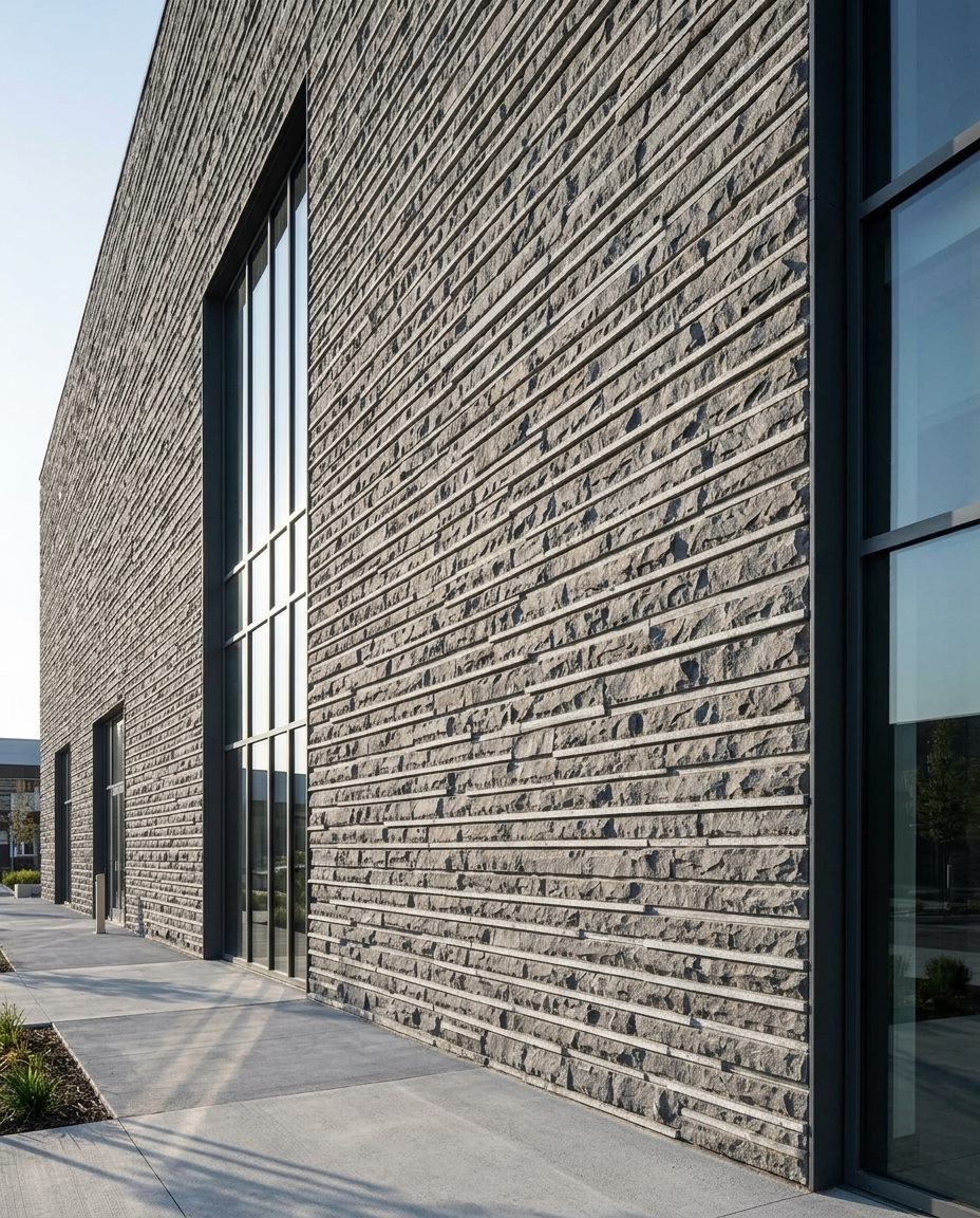 Facade clad in coursed natural split-face basalt