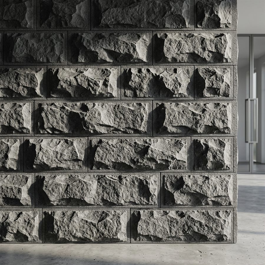 Natural raw split-face basalt cladding laid in courses on a wall